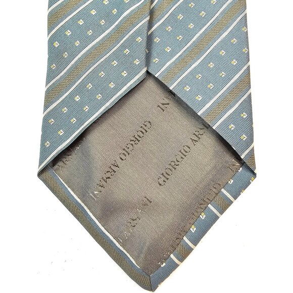 Giorgio Armani Cravatte 100% Silk Mens Tie Blue & Brown Striped With Yellow Dots - Picture 5 of 9